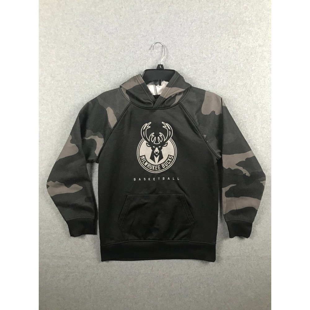 NBA Hoodie Youth Boys Girls 14-16 Large Black Camo Milwaukee Bucks Sweatshirt